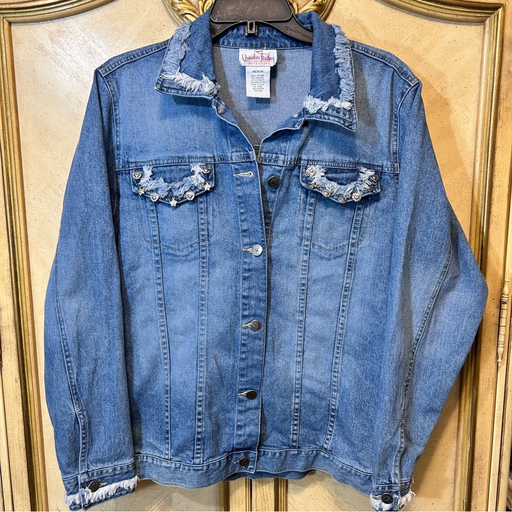 Quacker Factory Blue Denim Embellished Heart Star Charm Fringe Jacket - Picture 3 of 10